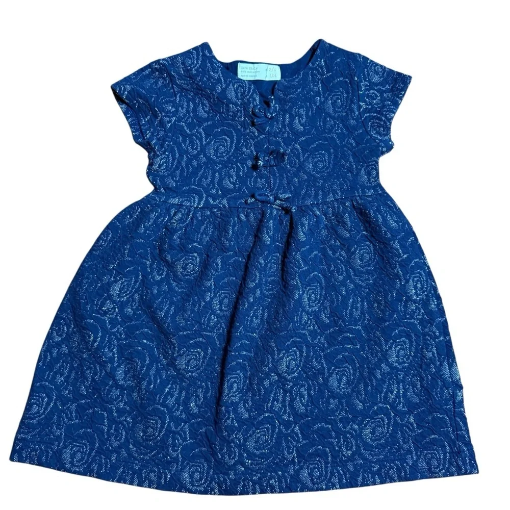ZARA Girls Blue Textured Floral Short Sleeve Dress Size 3/4